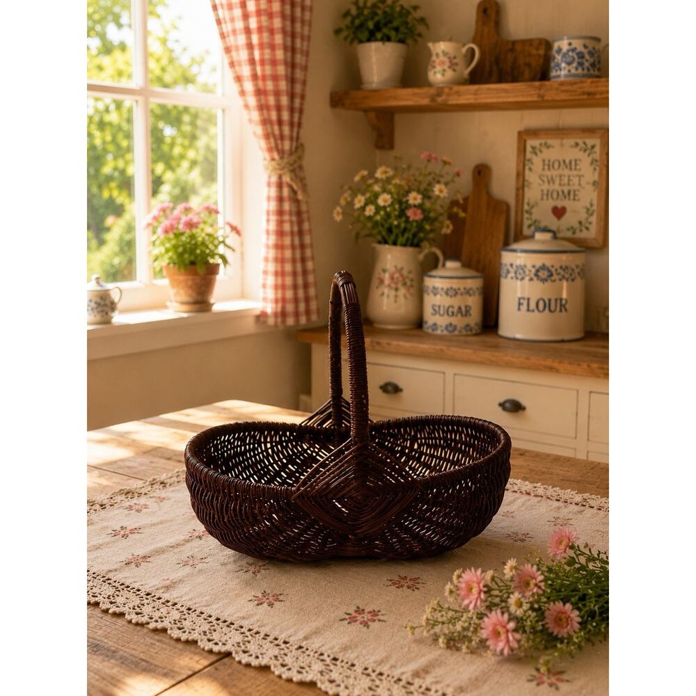 Vintage Primitive Buttock Egg Gathering Basket Woven Handle 10"